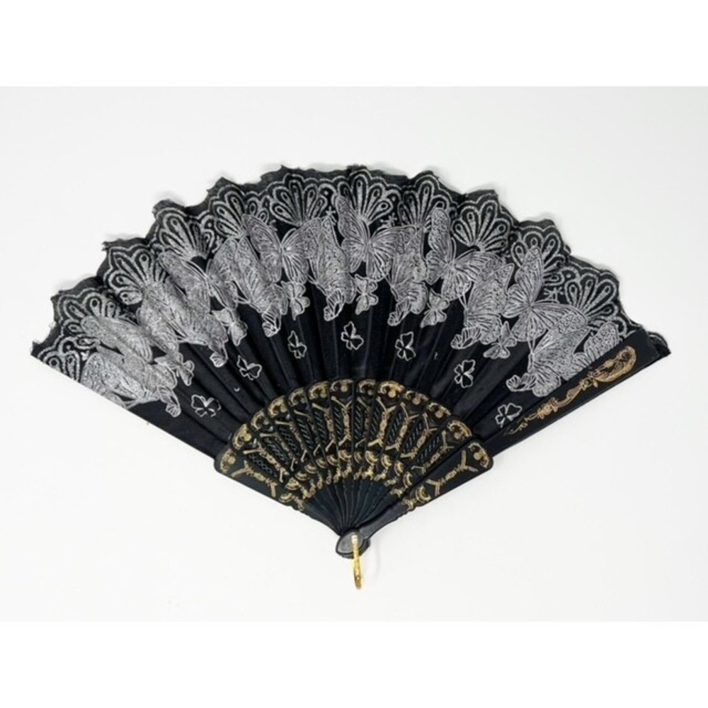 Black Fabric Folding Handheld Fan Glitter Butterflies Party Bridals US Seller